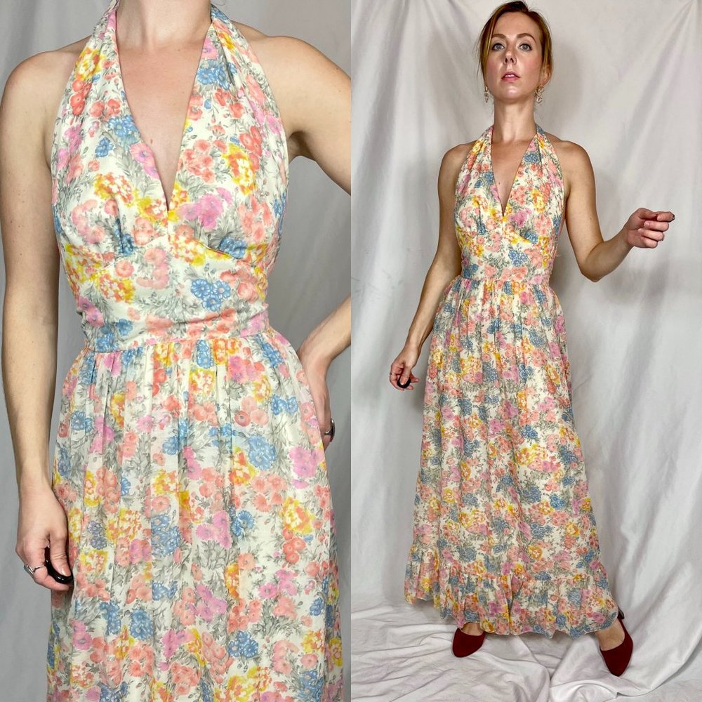 SIZE S | Vintage 1970's Floral Halter Maxi Dress | Saba California | F6